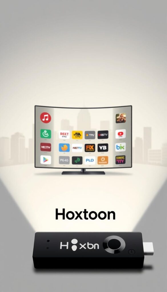 A sleek, modern illustration showcasing the Hoxtoon Provider IPTV service for Firestick. In the foreground, a Firestick device prominently displays the Hoxtoon logo, surrounded by a clean, minimalist interface. In the middle ground, various streaming service icons and apps are arranged neatly, highlighting Hoxtoon's comprehensive content offerings. The background features a softly blurred city skyline, conveying a sense of technology and connectivity. The lighting is crisp and directional, casting subtle shadows to accentuate the streamlined design. The overall mood is one of efficiency, reliability, and a premium IPTV experience tailored for the Firestick platform.
