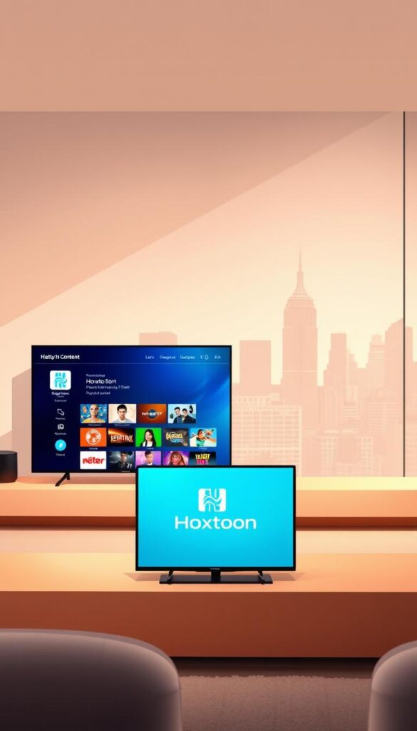 A sleek, modern illustration showcasing the Hoxtoon Provider IPTV service. In the foreground, a stylized, high-resolution display showcases the Hoxtoon logo and UI, capturing the seamless, user-friendly experience. In the middle ground, a selection of diverse content options, from live TV channels to on-demand movies, is neatly arranged, highlighting Hoxtoon's comprehensive library. The background features a subtle, blurred cityscape, conveying a sense of connectivity and global reach. The lighting is soft and warm, creating a welcoming, premium atmosphere. The overall composition emphasizes Hoxtoon's position as a leading IPTV provider, with a focus on its reliable service, extensive content, and intuitive design.