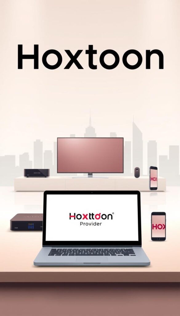 A sleek, modern illustration showcasing the Hoxtoon Provider IPTV service. In the foreground, a stylized laptop or tablet display presents the Hoxtoon logo and interface, showcasing its user-friendly design and intuitive layout. In the middle ground, a variety of streaming devices, such as a smart TV, set-top box, and mobile phone, highlight the compatibility and cross-platform accessibility of the Hoxtoon IPTV service. The background features a minimalist cityscape, conveying a sense of urban sophistication and technological advancement. Soft, diffused lighting creates a warm, inviting atmosphere, while strategic camera angles and composition draw the viewer's attention to the Hoxtoon brand and its key features. The overall impression is one of a sleek, high-quality IPTV solution that caters to the modern, tech-savvy consumer.