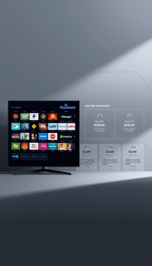 A sleek, modern illustration showcasing the IPTV lifetime channel packages offered by the Hoxtoon Provider. In the foreground, a sophisticated digital interface displays a grid of channel icons, each one vibrant and distinct. The middle ground features a clean, minimalist layout with pricing details and package descriptions, presented in a clear and organized manner. The background subtly evokes a sense of technology and connectivity, with abstract geometric patterns and a muted color palette that complements the overall design. Lighting is soft and directional, creating depth and emphasizing the key elements. The overall mood is professional, informative, and visually appealing, perfectly suited to illustrate the section on IPTV lifetime channel packages and pricing.