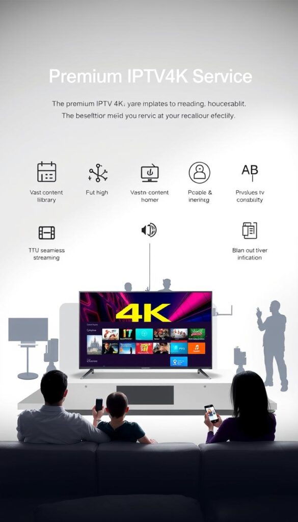 A sleek, modern illustration showcasing the benefits of a premium IPTV4K service from Hoxtoon Provider. In the foreground, a 4K television displays vibrant, ultra-high-definition content, surrounded by icons representing features like a vast content library, seamless streaming, and reliable connectivity. The middle ground features silhouettes of users enjoying the service on various devices, from smart TVs to mobile phones, conveying the versatility and accessibility. The background is a minimalist, gradient-based design, lending an air of sophistication and technological prowess. Soft, directional lighting illuminates the scene, creating depth and emphasizing the premium quality of the Hoxtoon Provider IPTV4K service.