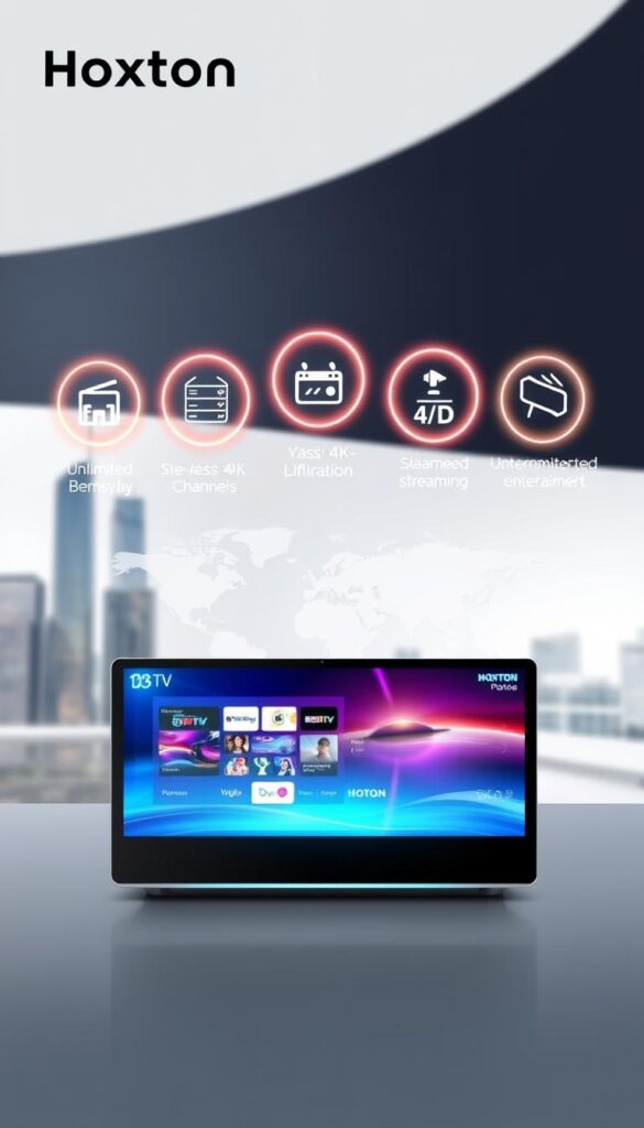 A sleek, modern illustration showcasing the benefits of a yearly IPTV subscription from Hoxtoon Provider. In the foreground, an elegant digital device displays a vibrant, high-definition streaming interface. Hovering above it, a series of glowing icons represent the key advantages: unlimited access to a vast library of channels, seamless 4K streaming, and uninterrupted entertainment. In the middle ground, a stylized world map highlights the global reach and accessibility of the service. The background features a softly blurred cityscape, evoking a sense of technological sophistication and convenience. The overall composition conveys a clean, minimalist aesthetic with a focus on the value proposition of a yearly IPTV subscription.