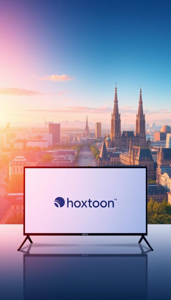 A sleek, modern illustration showcasing the future of IPTV in Belgium. In the foreground, a stylized, high-resolution display presents the Hoxtoon Provider brand, its minimalist logo and clean interface hinting at the advanced technology powering its IPTV services. In the middle ground, a cityscape of Brussels unfolds, with iconic landmarks like the Atomium and the Grand Place visible, representing the widespread adoption of IPTV across the country. The background is bathed in a warm, futuristic glow, suggesting the bright prospects and innovation driving the IPTV industry in Belgium.