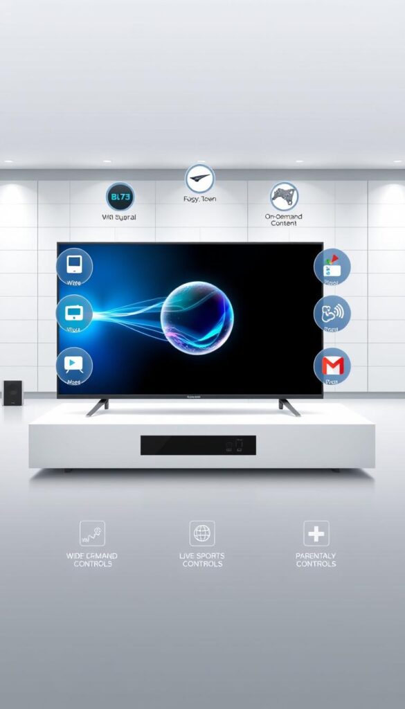 A sleek, modern illustration showcasing the key features of a premium Hoxtoon IPTV service. In the foreground, a high-definition television display presents a vibrant, crystal-clear image, representing the service's exceptional video quality. Surrounding the TV, stylized icons depict various features such as a wide channel selection, on-demand content, live sports, and parental controls. The middle ground features a minimalist, monochromatic interface design, hinting at the service's user-friendly experience. In the background, a subtle grid pattern and soft lighting create a professional, technology-driven atmosphere, emphasizing the service's reliability and advanced infrastructure. The overall composition conveys the comprehensive capabilities and premium nature of the Hoxtoon IPTV offering.