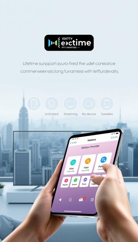 A sleek, modern illustration showcasing the lifetime benefits of the IPTV Smarters software. In the foreground, a close-up view of the Hoxtoon Provider app interface, its clean lines and intuitive design highlighted. In the middle ground, a series of icons representing the key features - unlimited streaming, no device limits, and seamless multi-device syncing. The background depicts a serene, minimalist cityscape, hinting at the global accessibility and versatility of the IPTV Smarters platform. Soft, diffused lighting creates a premium, high-quality feel, while a cool color palette evokes a sense of professionalism and reliability.