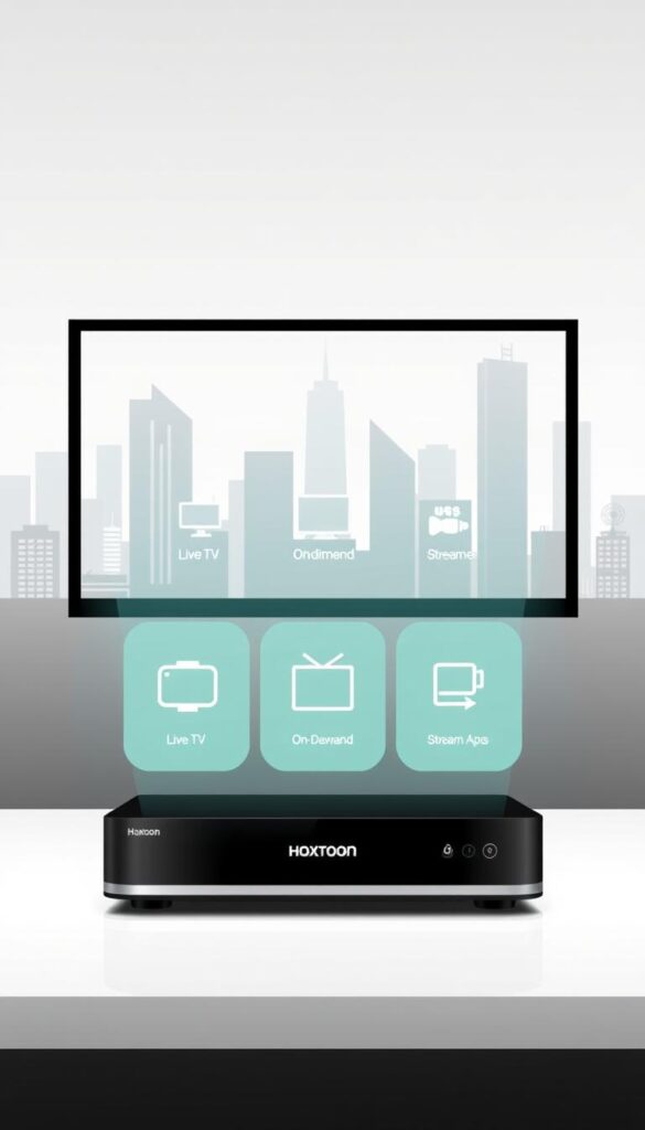 A sleek, modern illustration showcasing the three main types of IPTV services. In the foreground, a Hoxtoon Provider branded set-top box prominently displays the service options - live TV, on-demand content, and streaming apps. The middle ground features simplified icons and graphics representing each service type. In the background, a clean, minimalist cityscape sets the scene, with skyscrapers and infrastructure alluding to the digital, internet-based nature of IPTV. The overall mood is professional, informative, and visually engaging, perfectly suited to educate readers about the landscape of IPTV offerings.