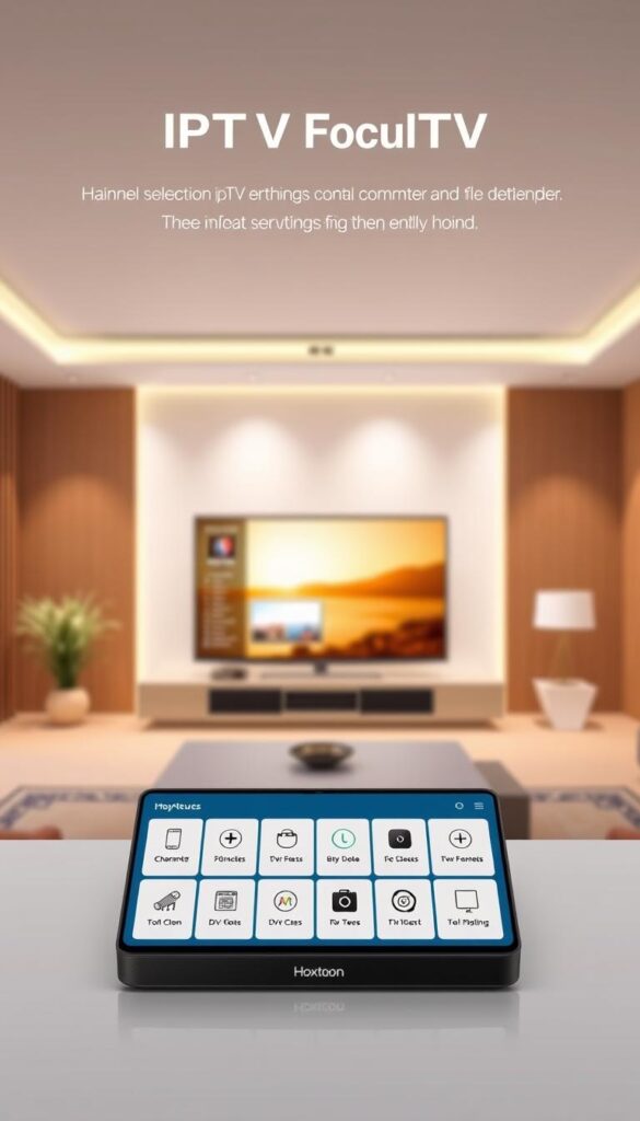 A sleek, modern image showcasing the key features of an IPTV service, with a focus on the "Hoxtoon Provider" brand. The foreground features a clean and minimalist layout, highlighting the various IPTV features in a grid-like arrangement, including channel selection, DVR capabilities, device compatibility, and more. The middle ground showcases a large display panel, possibly a smart TV or mobile device, showing the IPTV interface in action. The background is a softly blurred, elegant interior setting, conveying a sense of sophistication and premium quality. The overall scene is well-lit, with a subtle, warm color palette and a balanced, professional composition that effectively communicates the benefits and capabilities of the Hoxtoon IPTV service.