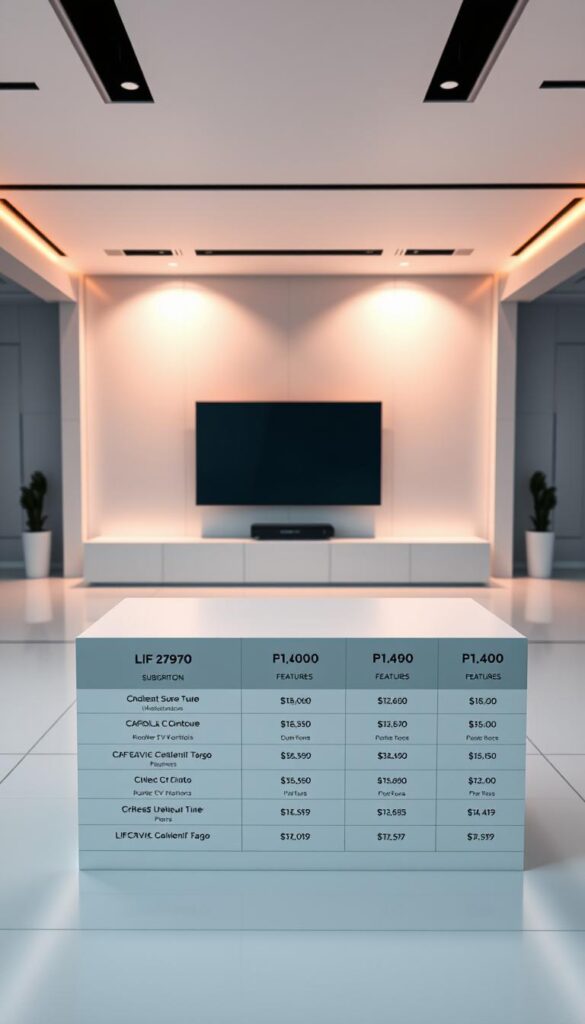 A sleek, modern image showcasing the lifetime IPTV server pricing plans of the Hoxtoon Provider. In the foreground, a minimalist table displays the various subscription tiers, highlighting the features and costs. The middle ground features a large display screen, casting a soft, warm glow on the pricing information. In the background, a clean, monochromatic environment with subtle geometric patterns creates a professional, high-tech atmosphere. The lighting is directional, casting strategic shadows to accentuate the table's details. The camera angle is slightly elevated, giving the viewer a sense of authority and confidence in the pricing structure. The overall mood is one of sophistication, clarity, and attention to detail.