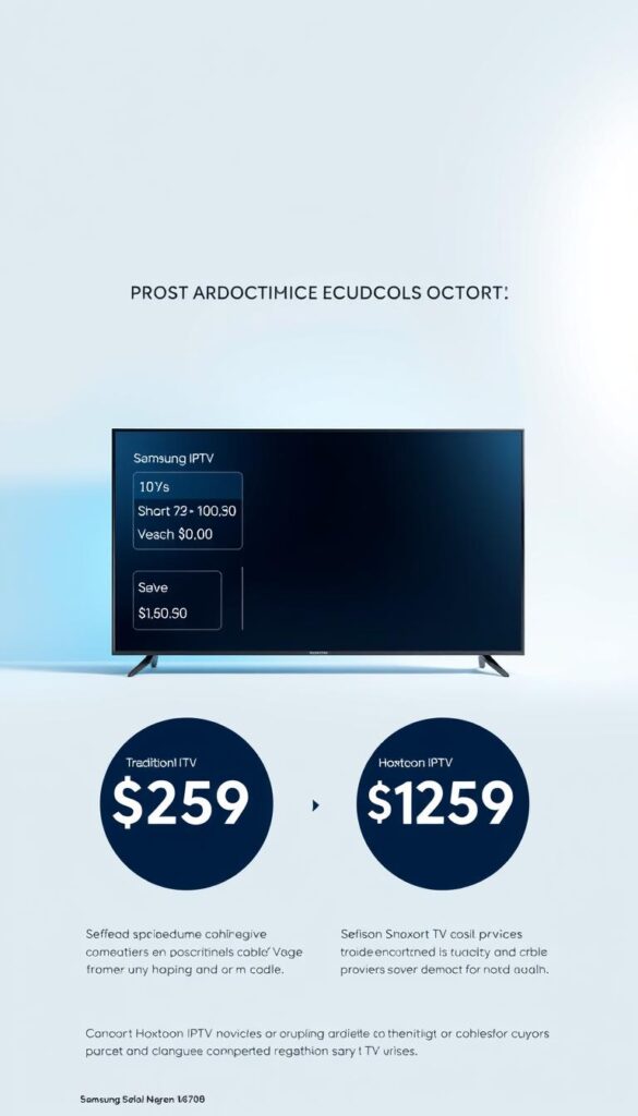 A sleek, modern infographic layout showcasing a cost comparison between traditional cable TV and the Hoxtoon IPTV provider. In the foreground, crisp data visualizations illustrate the price differences, with clean typography and intuitive icons. The middle ground features a large, high-resolution image of a Samsung smart TV, highlighting the seamless IPTV integration. The background has a subtle gradient in shades of blue, evoking a sense of technology and innovation. The lighting is bright and directional, creating depth and emphasizing the key elements. The overall mood is professional, informative, and visually compelling, perfectly suited to accompany the article section on the advantages of IPTV over traditional cable for Samsung TV users.