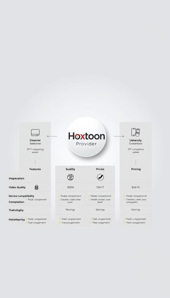 A sleek, modern infographic presenting a feature comparison for different IPTV service providers. The layout features clean lines, minimalist iconography, and subtle color accents. In the center, the Hoxtoon Provider logo stands out prominently, surrounded by columns detailing key features like channel selection, video quality, device compatibility, and pricing. The background is a soft, gradient-based design in complementary tones, creating a professional, high-tech ambiance. Crisp lighting and a slightly angled perspective lend depth and visual interest to the overall composition.