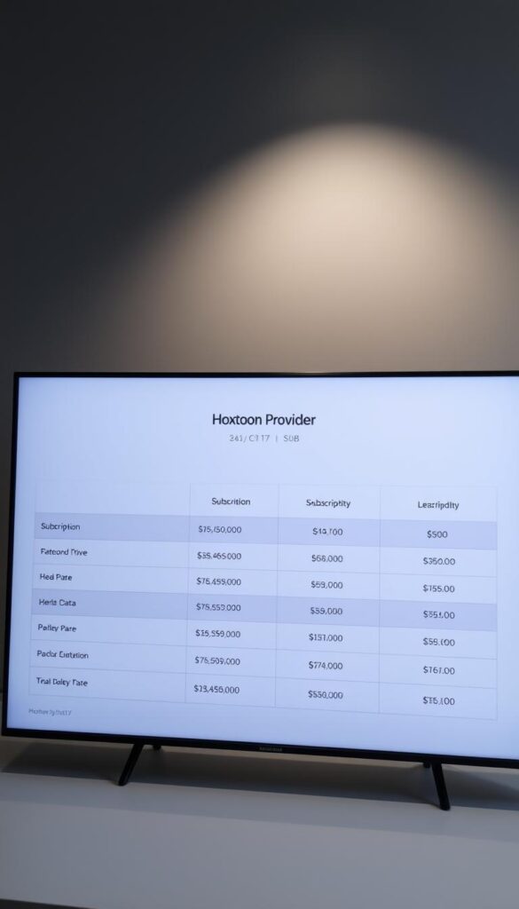 A sleek, modern interface displaying the pricing structure for Hoxtoon Provider's lifetime IPTV service. The foreground features a clean table with crisp, minimalist typography detailing the different subscription plans and associated costs. The middle ground showcases the Hoxtoon Provider logo, conveying a sense of professionalism and reliability. The background is a subtle gradient, creating a sophisticated and elegant atmosphere. The lighting is soft and diffused, highlighting the key details without harsh shadows. The camera angle is slightly elevated, giving the viewer a comprehensive overview of the pricing information. The overall mood is one of clarity, trust, and value, perfectly suited to illustrate the "Hoxtoon's Lifetime IPTV Pricing Structure" section of the article.