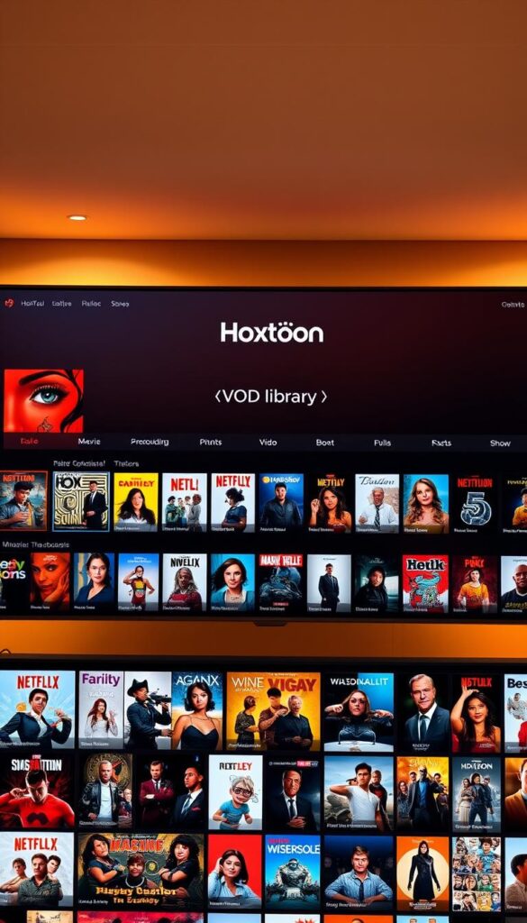 A sleek, modern interface for the Hoxtoon Provider VOD library, showcasing a vast collection of high-quality movies and TV shows. In the foreground, a grid of thumbnails highlights the diverse content, with bold, colorful artwork capturing the viewer's attention. The middle ground features a clean, minimalist design with intuitive navigation menus, allowing users to easily browse and discover new titles. In the background, a soft, gradient-based color scheme creates a sense of depth and sophistication, complementing the Hoxtoon brand identity. Warm, diffused lighting illuminates the scene, giving it a welcoming and inviting atmosphere, perfect for a premium streaming experience.
