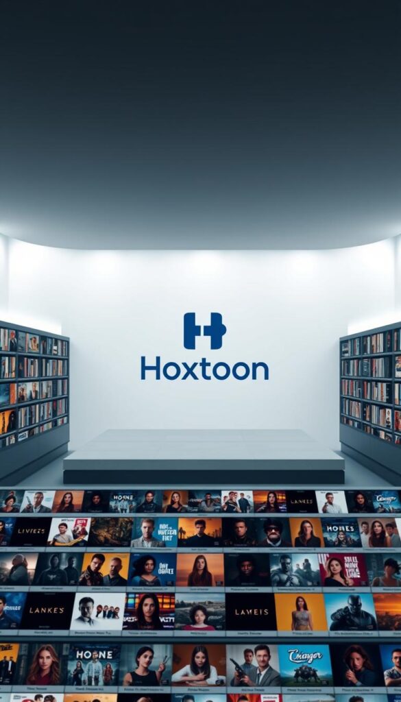 A sleek, modern interface showcasing Hoxtoon Provider's expansive VOD library. In the foreground, rows of movie and TV show thumbnails are neatly arranged, inviting the viewer to browse the extensive collection. The middle ground features a central focus on the Hoxtoon logo, prominently displayed against a minimalist background. In the background, a sense of depth is created through subtle gradients and soft lighting, evoking a premium, high-quality experience. The overall aesthetic is clean, sophisticated, and visually striking, reflecting the vast and diverse content available on the Hoxtoon platform.