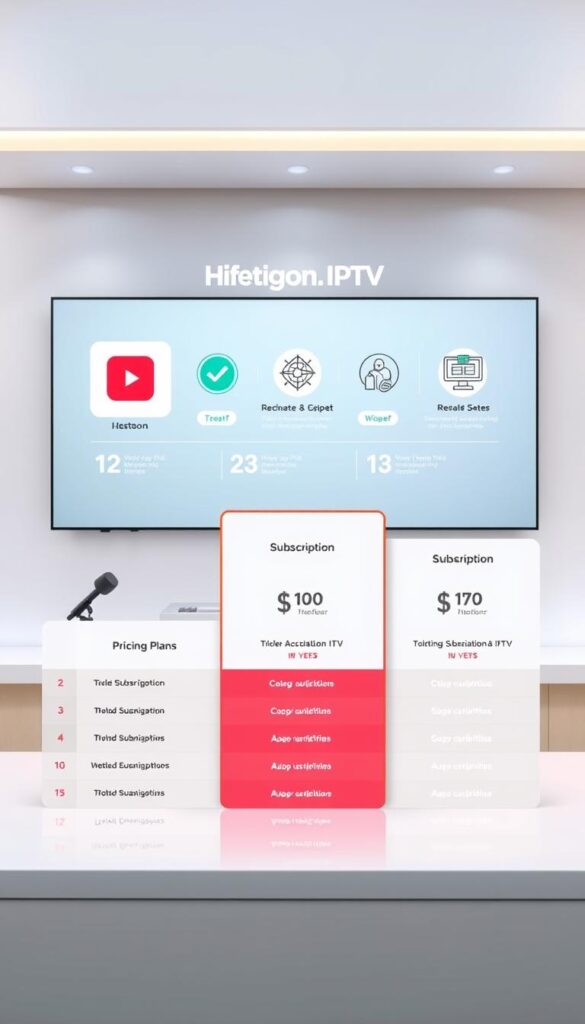 A sleek, modern interface showcasing Hoxtoon Provider's lifetime IPTV pricing plans. In the foreground, a minimalist table displays the tiered subscription options, highlighted by clean typography and strategic use of contrasting colors. The middle ground features stylized icons and infographic elements, conveying the value proposition and key features. In the background, a soft, gradient-based backdrop sets a professional, high-tech atmosphere, complementing the Hoxtoon brand identity. Balanced lighting and a slightly elevated camera angle create a sense of depth and visual interest. The overall composition communicates a clear, comprehensive overview of the IPTV pricing structure in a visually appealing and informative manner.