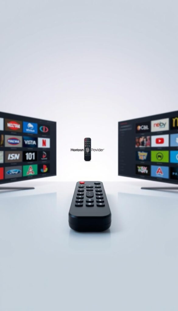 A sleek, modern interface showcasing a side-by-side comparison of IPTV channel selection, with the Hoxtoon Provider branding prominently displayed. The foreground features high-definition channel logos and program thumbnails, arranged in a clean grid layout. The middle ground depicts a stylized remote control, reflecting the intuitive navigation experience. In the background, a subtle gradient adds depth and a sophisticated ambiance, complementing the overall digital aesthetic. Soft lighting and a subtle depth of field draw the viewer's attention to the central comparison, highlighting the Hoxtoon Provider's comprehensive channel selection.