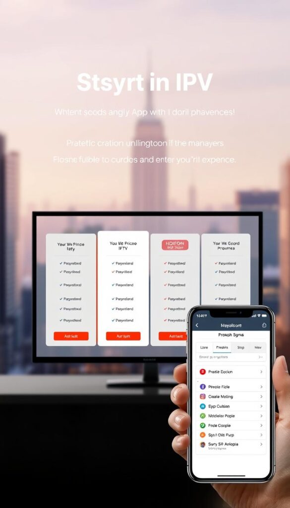 A sleek, modern interface showcasing the Hoxtoon Provider IPTV service's affordable pricing plans. The foreground displays a simple, clean layout with clear pricing tiers and features. The middle ground highlights a device, such as a smartphone or tablet, displaying the Hoxtoon app in use. In the background, a soft, gradient-based cityscape creates a sense of urban sophistication. The overall mood is one of accessibility, value, and a premium digital experience.