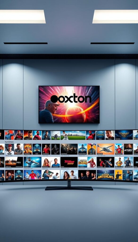 A sleek, modern interface showcasing the expansive content library of Hoxtoon Provider's IPTV reseller services. In the foreground, a stylized grid layout displays a diverse array of thumbnails, ranging from the latest blockbuster movies to thrilling live sports events and captivating documentaries. The middle ground features a large, high-definition display panel highlighting the breadth of content, with vibrant, eye-catching visuals. In the background, a minimalist, techno-inspired environment with clean lines and subtle lighting sets the tone for a premium, state-of-the-art streaming experience. The Hoxtoon Provider branding is prominently displayed, conveying a sense of authority and reliability in the IPTV reseller industry.