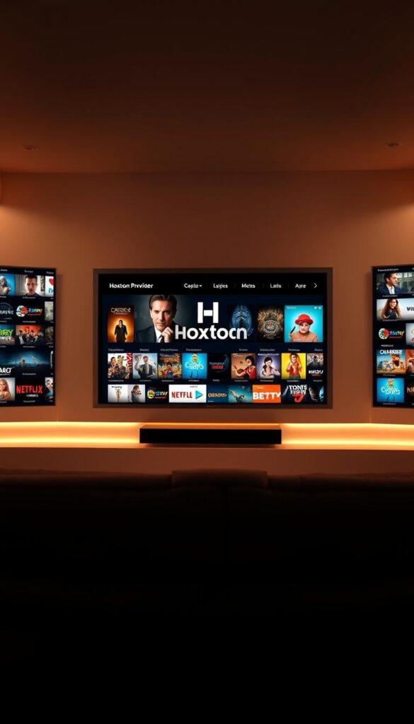 A sleek, modern interface showcasing the extensive Hoxtoon Provider content library. In the center, a large display features a diverse array of TV shows, movies, and live channels. Surrounding it, rows of thumnails highlight the breadth of content, from the latest blockbusters to niche documentaries. The background is a minimalist, high-contrast design, drawing the eye to the vibrant media thumbnails. Warm, soft lighting creates a welcoming atmosphere, while a subtle depth of field focuses attention on the main display. The Hoxtoon Provider logo is prominently featured, establishing the brand identity.