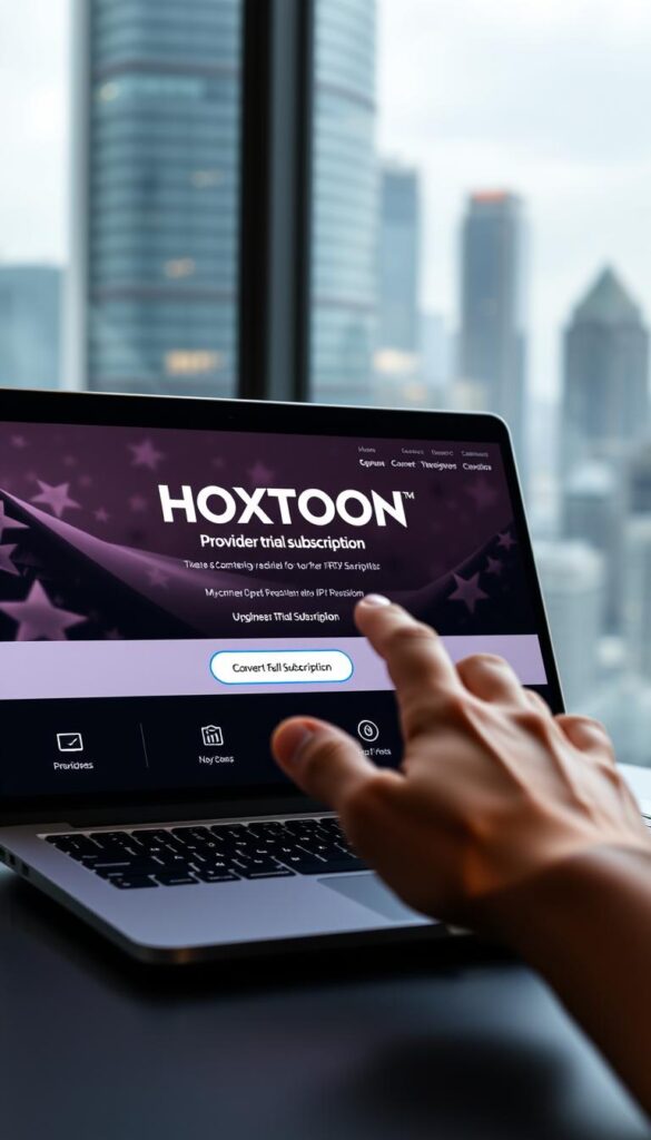 A sleek, modern laptop display showcases the HOXTOON Provider IPTV trial subscription interface. The screen exhibits a clean, minimalist design with bold typography and intuitive icons, conveying a sense of professionalism and user-friendliness. In the foreground, a hand hovers over the "Convert to Full Subscription" button, highlighting the seamless transition from trial to paid service. The background features a blurred cityscape, conveying a sense of urban sophistication and technological advancement. Soft, diffused lighting illuminates the scene, creating a warm and inviting atmosphere. The overall composition emphasizes the ease and convenience of upgrading the IPTV trial to a full HOXTOON subscription.