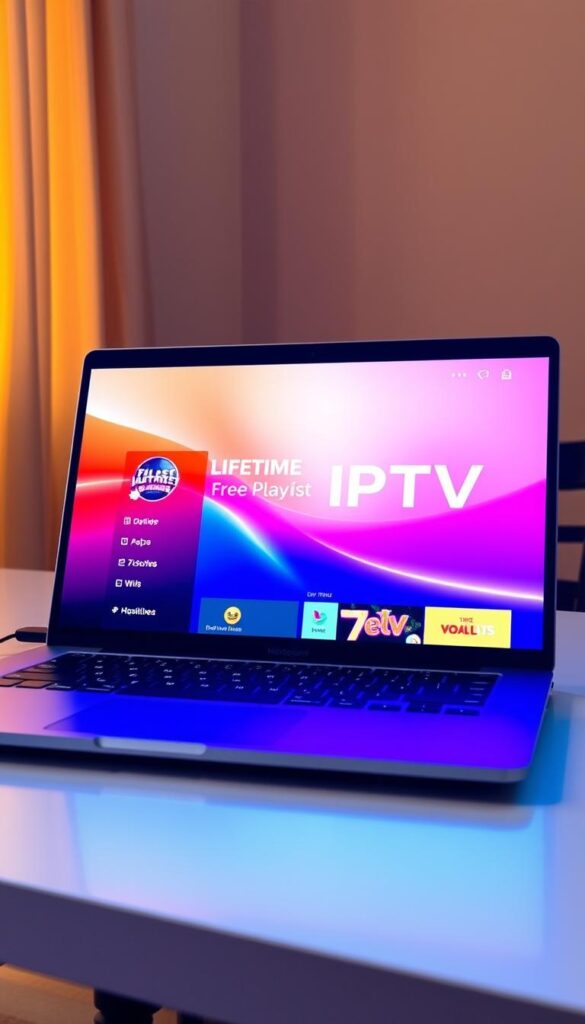 A sleek, modern laptop display showcasing a vibrant, high-definition IPTV interface. The screen presents a visually striking "Lifetime Free IPTV Playlist" from the Hoxtoon Provider, with a clean, minimalist design and intuitive navigation. The scene is bathed in warm, natural lighting, conveying a sense of reliability and accessibility. The device is positioned on a simple, uncluttered desk, hinting at the effortless setup and user experience. The overall atmosphere exudes a tone of professionalism, quality, and the promise of a lifetime of free, uninterrupted entertainment.