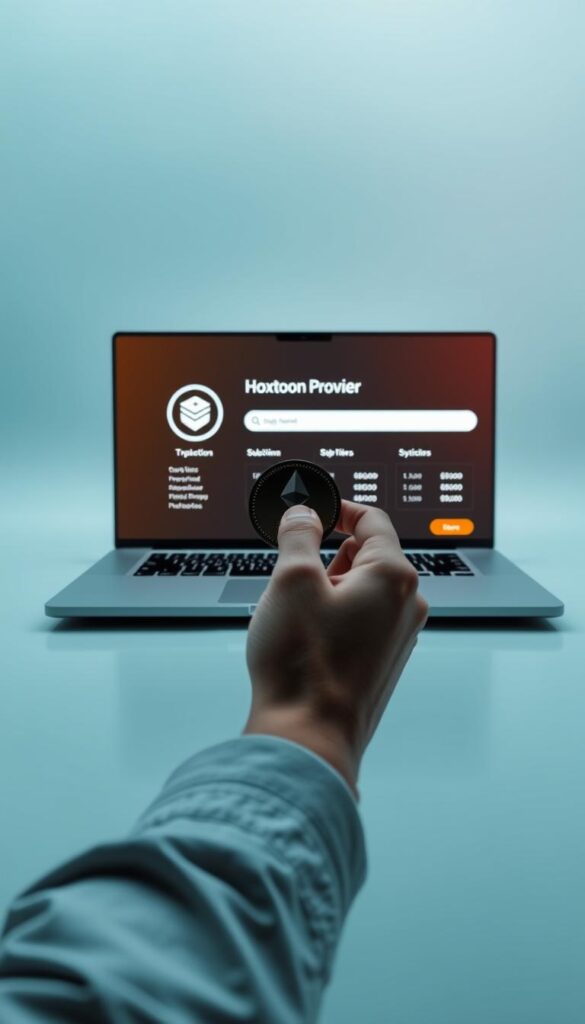 A sleek, modern laptop displaying a secure cryptocurrency transaction interface. In the foreground, a hand holding a Bitcoin or Ethereum token, symbolizing the digital payment method. The screen shows the Hoxtoon Provider brand logo, along with pricing and subscription plan details for the IPTV service. The background features a minimalist, high-tech environment with clean lines and a subtle blue-green color scheme, conveying a sense of trust and professionalism. The lighting is soft and diffused, creating a sophisticated and polished atmosphere.