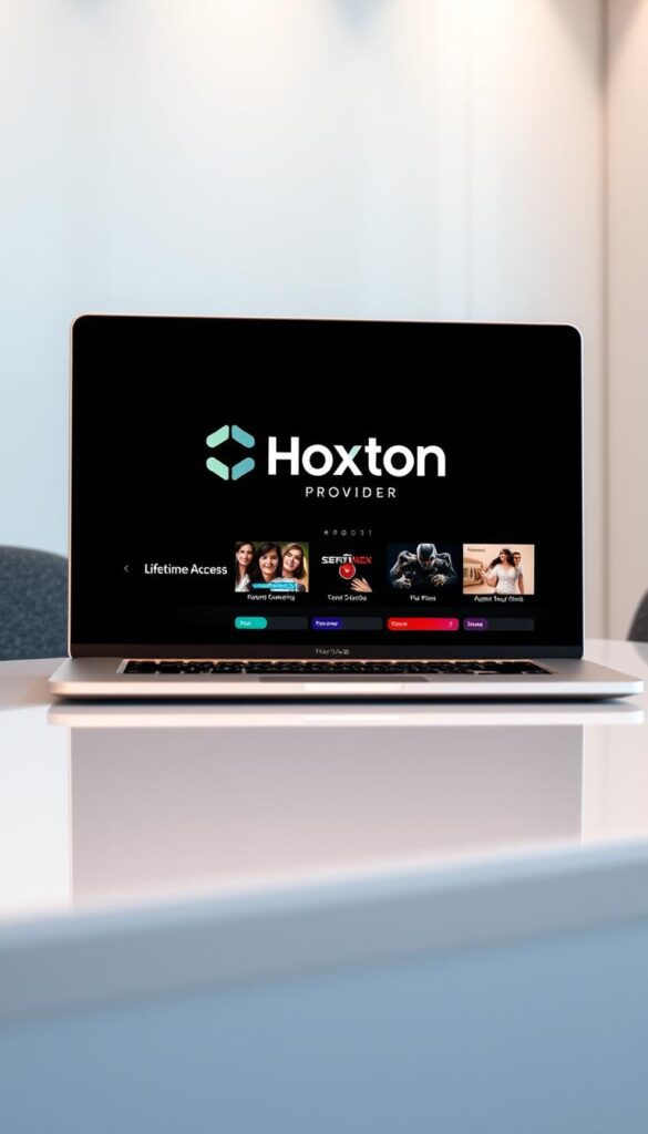 A sleek, modern laptop screen displaying the Hoxtoon Provider logo, showcasing the IPTV Smarters software interface. The screen is set against a minimalist, well-lit office backdrop, with clean lines and subtle textures. The focus is on the software's elegant design and intuitive user experience, conveying a sense of professionalism and reliability. The lighting is soft and directional, creating depth and highlighting the screen's display. The overall mood is one of sophistication and technological prowess, reflecting the "lifetime access" promise of the IPTV Smarters service.