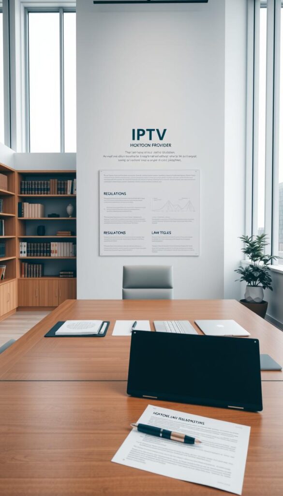A sleek, modern law office interior with tall windows and a minimalist aesthetic. In the foreground, a large wooden desk with a laptop, pen, and neatly organized legal documents. On the desk, a prominent nameplate reads "Hoxtoon Provider". In the middle ground, a wall-mounted display showcases IPTV regulations and legal guidelines, with clean typography and infographic elements. The background features bookshelves filled with law volumes, creating an atmosphere of professionalism and expertise. Soft, indirect lighting creates a warm, contemplative mood, and the overall composition conveys a sense of authority and compliance in the IPTV industry.