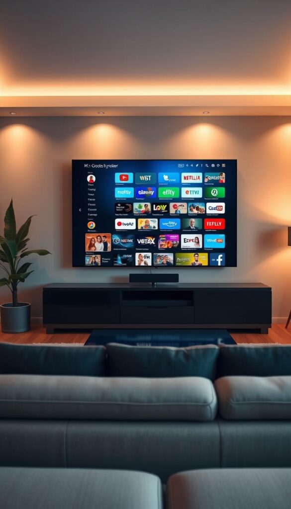 A sleek, modern living room interior with a Hoxtoon Provider IPTV service displayed on a large, state-of-the-art 4K television screen mounted on the wall. The room is bathed in warm, soft lighting, creating a cozy and inviting atmosphere. The television screen showcases a seamless and intuitive IPTV interface, highlighting the wide range of live TV channels and on-demand content available through the Hoxtoon Provider service. The overall scene conveys the legal and legitimate use of IPTV technology, emphasizing the convenience and accessibility of this entertainment solution.