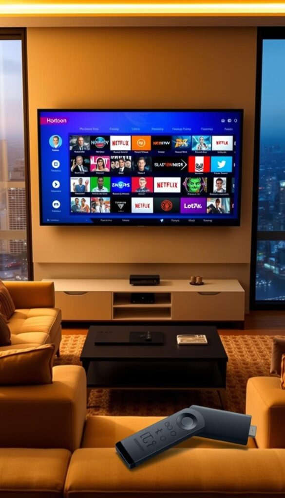 A sleek, modern living room interior with a large flat-screen TV prominently displayed, showcasing a vibrant and diverse array of live TV channels on the Hoxtoon Provider interface. The room is bathed in warm, diffused lighting, creating a cozy and inviting atmosphere. In the foreground, a comfortable sofa and armchair arrangement allows for leisurely viewing, while the middle ground features a minimalist, yet stylish entertainment center housing the Firestick and other media devices. The background reveals a panoramic window overlooking a bustling city skyline, adding depth and a sense of context to the scene. The overall composition conveys the impressive channel selection and user-friendly experience of the Hoxtoon Provider IPTV service for Firestick users.