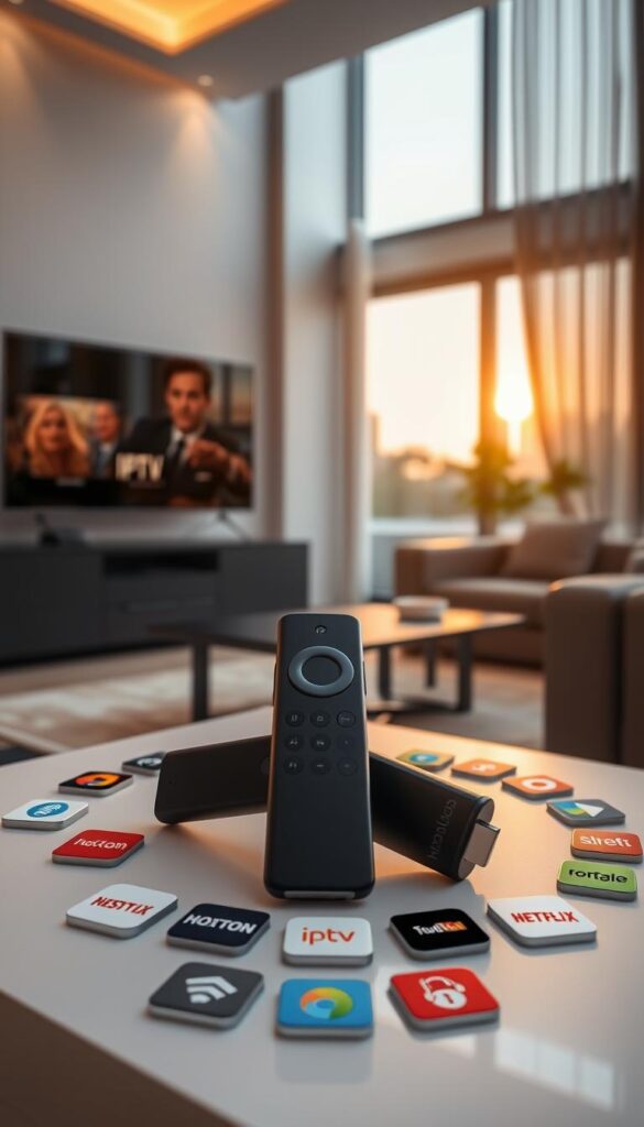 A sleek, modern living room setting with a Firestick device prominently displayed on a TV stand. The Firestick is surrounded by various IPTV app icons, including the Hoxtoon Provider app, arranged in a visually appealing layout. The room is well-lit, with warm, natural lighting filtering in through large windows, creating a cozy and inviting atmosphere. The overall scene conveys the versatility and multi-device support of the Hoxtoon IPTV service, showcasing how it can be easily accessed and enjoyed on a Firestick.