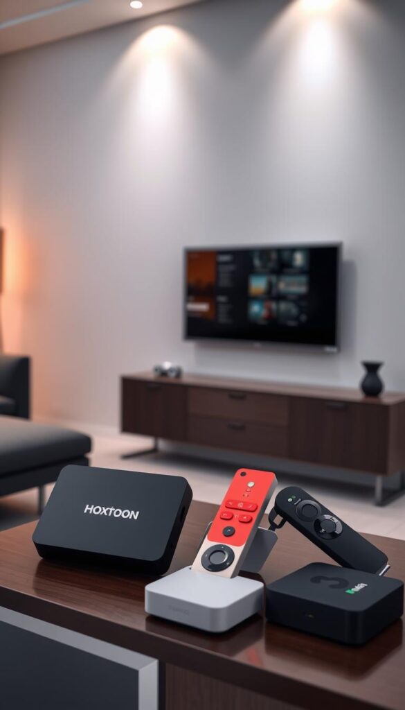 A sleek, modern living room setting with a flat-screen TV mounted on the wall. In the foreground, an assortment of IPTV devices, including a Hoxtoon Provider box, Roku, Firestick, and Android TV box, arranged neatly on a stylish media console. The devices are showcased against a backdrop of minimalist decor, with warm, ambient lighting highlighting their features. The scene conveys a sense of technological integration and the versatility of IPTV solutions for the modern home.