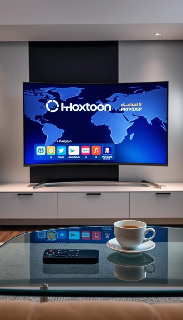 A sleek, modern living room setting with a large, curved OLED television displaying the Hoxtoon Provider logo on the screen. In the foreground, a minimalist glass-top coffee table with a remote control and a cup of Arabic coffee. Soft, indirect lighting illuminates the scene, creating a warm and inviting atmosphere. In the background, a stylized world map with regions highlighted, conveying the global reach of the Hoxtoon streaming service. The overall composition suggests the convenience and accessibility of premium Arabic TV content for European households.