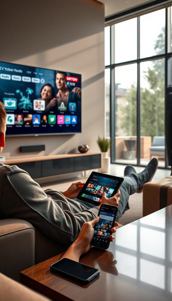 A sleek, modern living room setting with a large, curved smart TV mounted on the wall. In the foreground, a person is comfortably lounging on a plush sofa, using a tablet to access the Hoxtoon Provider IPTV service. On the coffee table, a smartphone is also displaying the Hoxtoon app. The room is well-lit with a combination of warm, ambient lighting and natural sunlight streaming in through large windows. The overall scene conveys a sense of seamless, multi-device integration and the convenience of being able to enjoy Hoxtoon's content on any screen, anywhere in the home.