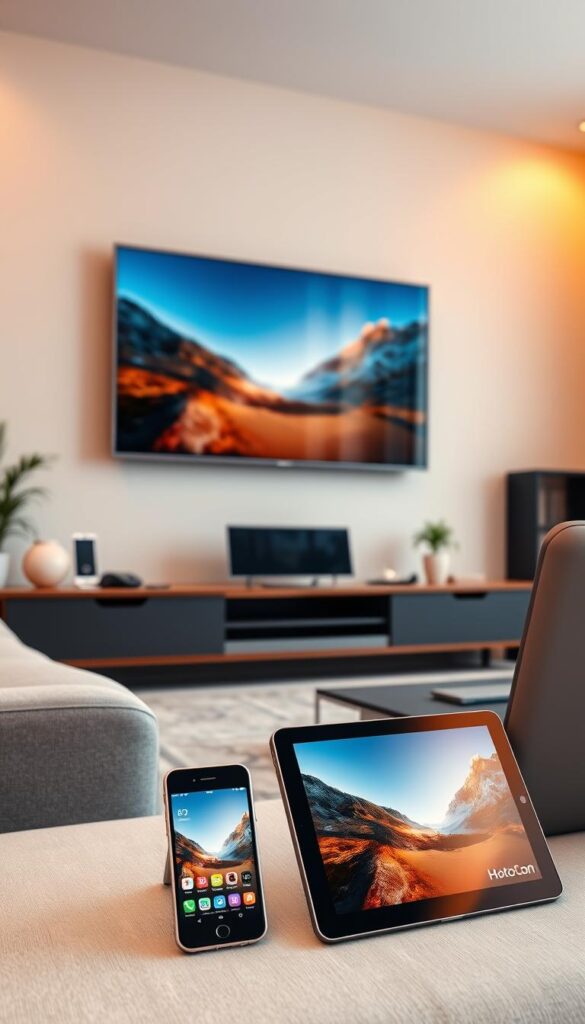 A sleek, modern living room setting with a large, high-definition television mounted on the wall. In the foreground, various digital devices such as a smartphone, tablet, and laptop are arranged, showcasing the multi-device compatibility of the Hoxtoon Provider streaming service. The room is well-lit, with warm, diffused lighting highlighting the devices and creating a cozy, inviting atmosphere. The devices are positioned to suggest seamless integration and ease of use across multiple platforms. The overall scene conveys the versatility and accessibility of the Hoxtoon Provider's streaming options.