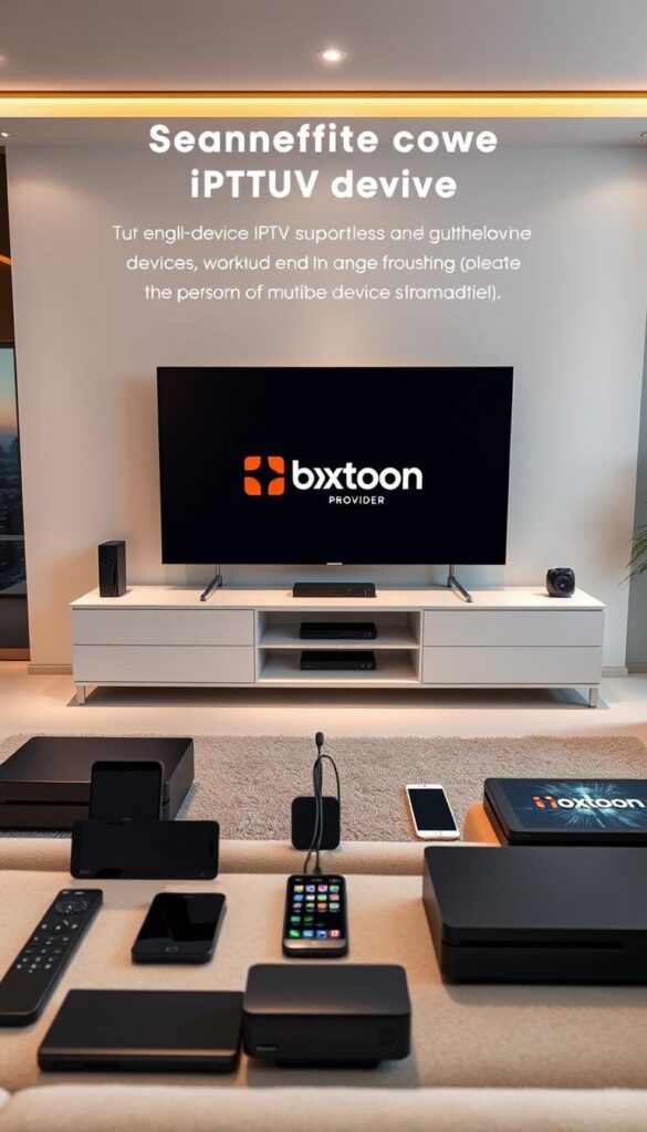 A sleek, modern living room setting with a large, state-of-the-art television prominently displayed. On the screen, the Hoxtoon Provider logo is visible, signifying seamless multi-device IPTV support. In the foreground, various smart devices such as smartphones, tablets, and gaming consoles are arranged, all connected to the IPTV system. The middle ground features a minimalist, well-lit interior design with clean lines and neutral tones, creating a sense of sophistication. The background showcases a panoramic view of a bustling city skyline, emphasizing the versatility and widespread accessibility of the IPTV service. The overall scene conveys a sense of technological integration, reliability, and the ability to enjoy uninterrupted streaming on multiple devices simultaneously.
