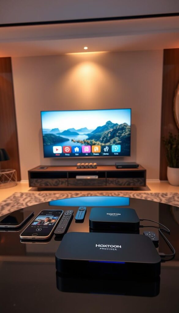 A sleek, modern living room setting with a large, ultra-high-definition television as the centerpiece. In the foreground, several electronic devices, such as smartphones, tablets, and a streaming box, are neatly arranged on a stylish coffee table, showcasing the "Hoxtoon Provider" branding. The devices are connected to the TV, demonstrating the multi-device support capabilities. The lighting is warm and inviting, creating a cozy atmosphere. The background features minimalist decor, emphasizing the technology and connectivity at the heart of the scene. The overall composition conveys a sense of seamless integration and the convenience of accessing high-quality content across multiple devices simultaneously.