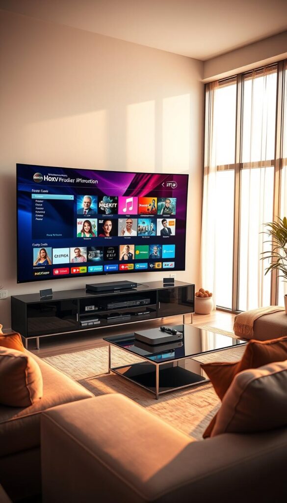 A sleek, modern living room setup showcasing a large, curved smart TV screen displaying a vibrant, diverse selection of IPTV content from the Hoxtoon Provider service. The room is bathed in warm, natural lighting filtering through large windows, creating a cozy, inviting atmosphere. In the foreground, a high-end media center cabinet houses various streaming devices and peripherals, while the middle ground features comfortable seating arrangements and a stylish, minimalist coffee table. The background subtly hints at the expansive content library available through the Hoxtoon IPTV service, with genre-specific icons and artwork hinting at the breadth of programming options.