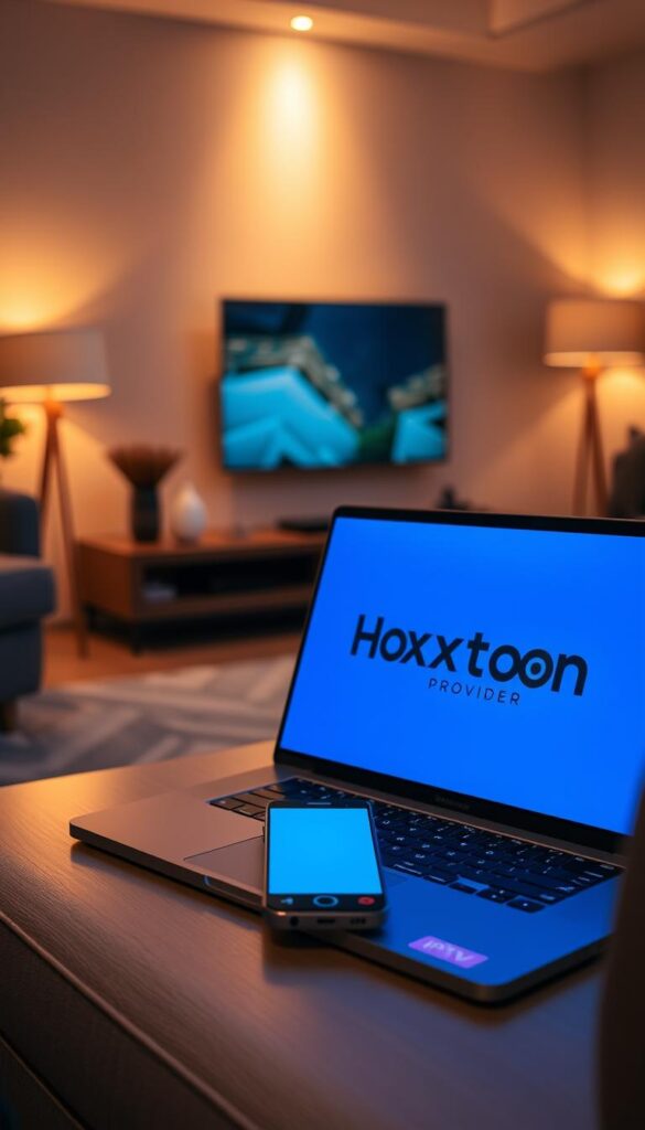 A sleek, modern living room setup with a laptop, smartphone, and remote control showcasing IPTV without a set-top box. The scene is bathed in warm, diffused lighting, creating a cozy and inviting atmosphere. In the foreground, the Hoxtoon Provider logo is prominently displayed on the laptop screen, indicating the IPTV service being used. The middle ground features the smartphone and remote control, emphasizing the ease of use and flexibility of the no-box IPTV setup. The background includes minimalist decor and neutral-toned furnishings, allowing the technology to take center stage. The overall composition conveys a sense of seamless integration and the convenience of IPTV without the need for a traditional set-top box.