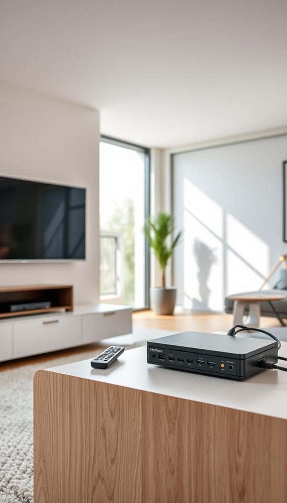 A sleek, modern living room setup with a large, flat-screen TV mounted on the wall. In the foreground, a high-quality IPTV streaming device, the Hoxtoon Provider, sits atop a minimalist TV stand. The device is connected to the TV via HDMI, and a wireless remote control rests nearby. In the middle ground, a tidy cable management system keeps the setup organized and clutter-free. The background features large windows that allow natural light to flood the space, creating a bright and airy atmosphere. The overall scene conveys a cost-effective, yet visually appealing and functional IPTV setup.