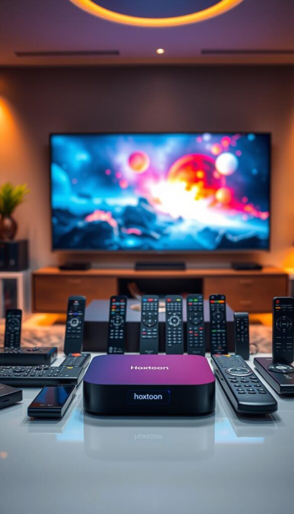 A sleek, modern living room setup with an array of IPTV streaming devices prominently displayed. In the foreground, a high-end Hoxtoon Provider device takes center stage, its clean lines and minimalist design hinting at its powerful capabilities. Surrounding it, a selection of other streaming boxes and dongles, each showcasing their unique features. The middle ground is filled with various remote controls, neatly arranged, suggesting the seamless multi-device integration of the Hoxtoon ecosystem. In the background, a large, high-definition TV displays vibrant, cinematic imagery, setting the scene for an immersive viewing experience. Warm, directional lighting casts a subtle glow, creating a sophisticated, tech-savvy ambiance.