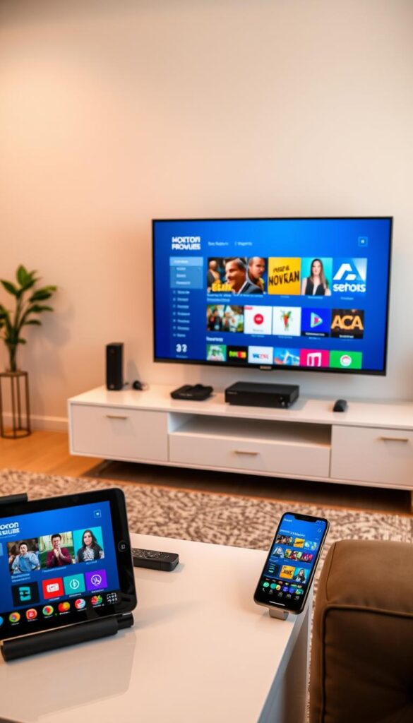 A sleek, modern living room setup with various devices showcasing the Hoxtoon Provider IPTV service. In the foreground, a smart TV displays the Hoxtoon interface, showcasing its intuitive layout and wide selection of Spanish-language content. On a side table, a tablet and smartphone also display the Hoxtoon app, highlighting its cross-device compatibility. The middle ground features a clean, minimalist entertainment center with a cable box and streaming device integrating the Hoxtoon service. The background depicts a cozy, well-lit space with warm, natural lighting, creating an inviting atmosphere for enjoying premium Spanish entertainment.
