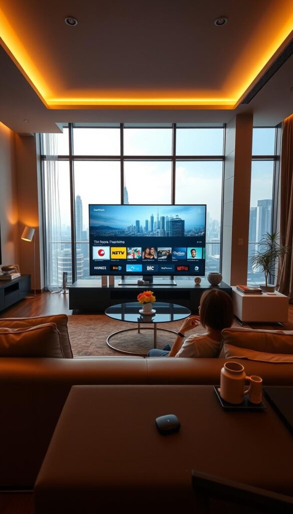 A sleek, modern living room showcases a large, high-definition television screen. In the foreground, a person is relaxing on a comfortable couch, casually browsing through a selection of IPTV channels on a Hoxtoon Provider service. The room is bathed in warm, ambient lighting, creating a cozy and inviting atmosphere. The middle ground features elegant, minimalist furniture and decor, while the background reveals a picturesque view of the Malaysian cityscape through large windows. The overall scene conveys the transformative power of IPTV technology, bringing a diverse range of entertainment options to the heart of Malaysian homes.