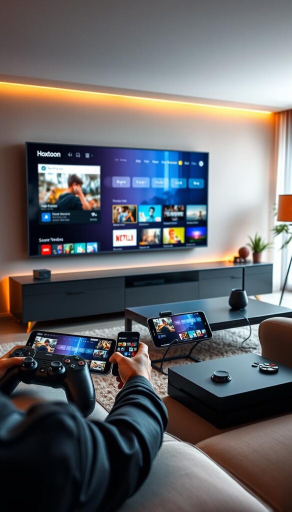A sleek, modern living room with a large 4K IPTV display showcasing a Hoxtoon Provider streaming interface. Multiple devices are seamlessly connected, including smartphones, tablets, and a gaming console, all effortlessly streaming high-quality 4K content. The room is well-lit with warm, soft lighting, creating a cozy and immersive atmosphere. The devices are strategically positioned, highlighting the multi-device compatibility and the ease of use of the Hoxtoon Provider IPTV service. The scene conveys a sense of technological sophistication and the convenience of enjoying premium 4K entertainment across a variety of devices.