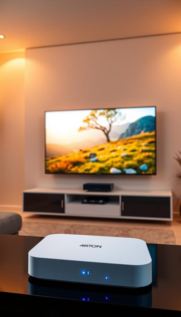 A sleek, modern living room with a large 4K television mounted on the wall. The room is bathed in warm, soft lighting, creating a cozy and inviting atmosphere. In the foreground, a Hoxtoon Provider IPTV streaming device sits on a minimalist entertainment center, its clean design and LED indicator lights prominently displayed. The television screen displays a vibrant, high-quality 4K nature scene, showcasing the exceptional visual fidelity of the IPTV service. The overall scene conveys the idea of a revolutionized home entertainment experience, where cutting-edge technology and stunning 4K visuals converge to provide an immersive and captivating viewing experience.