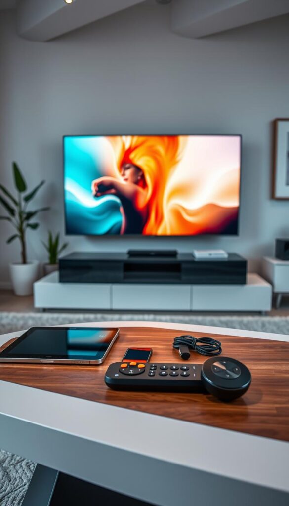 A sleek, modern living room with a large TV and various electronic devices showcasing the Hoxtoon Provider IPTV free trial. In the foreground, a stylish coffee table displays a tablet, smartphone, and remote control, all connected to the IPTV service. The middle ground features the TV, showing a vibrant, high-definition display. The background is filled with minimalist decor, such as a potted plant and modern artwork, creating a warm, inviting atmosphere. The lighting is soft and natural, highlighting the seamless integration of the IPTV technology into the living space.