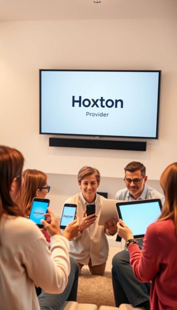 A sleek, modern living room with a large TV mounted on the wall. On the TV screen, the Hoxtoon Provider logo is prominently displayed, indicating a multi-device streaming setup. In the foreground, several people of diverse ages and backgrounds are gathered, each holding a different device - a smartphone, a tablet, a laptop - all seamlessly connected to the Hoxtoon service. The lighting is soft and warm, creating a cozy, inviting atmosphere. The room is decorated with minimalist, high-tech furnishings, suggesting a futuristic, yet accessible, technological environment. The overall scene conveys the ease and convenience of Hoxtoon's multi-device streaming capabilities.