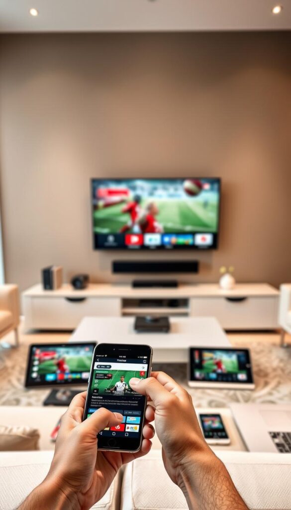 A sleek, modern living room with a large TV on the wall, surrounded by various devices such as a smartphone, tablet, and laptop. The room is well-lit, with a warm, inviting atmosphere. In the foreground, a person is using the Hoxtoon Provider app on their smartphone, seamlessly accessing live sports channels. The middle ground showcases the array of devices, highlighting the multi-device compatibility of the Hoxtoon Provider service. The background features a blurred cityscape, suggesting the versatility of the service in different environments.