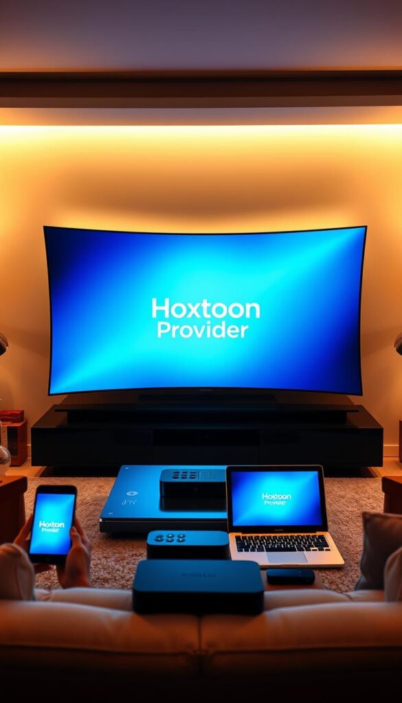 A sleek, modern living room with a large, curved OLED TV taking center stage. On the screen, the Hoxtoon Provider logo shines brightly, surrounded by a variety of other devices - a smartphone, a tablet, a laptop, and a streaming box - all displaying IPTV content. The room is bathed in a warm, ambient light, creating a cozy and inviting atmosphere. The furniture is stylish and minimalist, with clean lines and neutral tones that complement the technology. The overall scene conveys the seamless integration of IPTV services across multiple devices, showcasing Hoxtoon Provider as the premier IPTV solution.