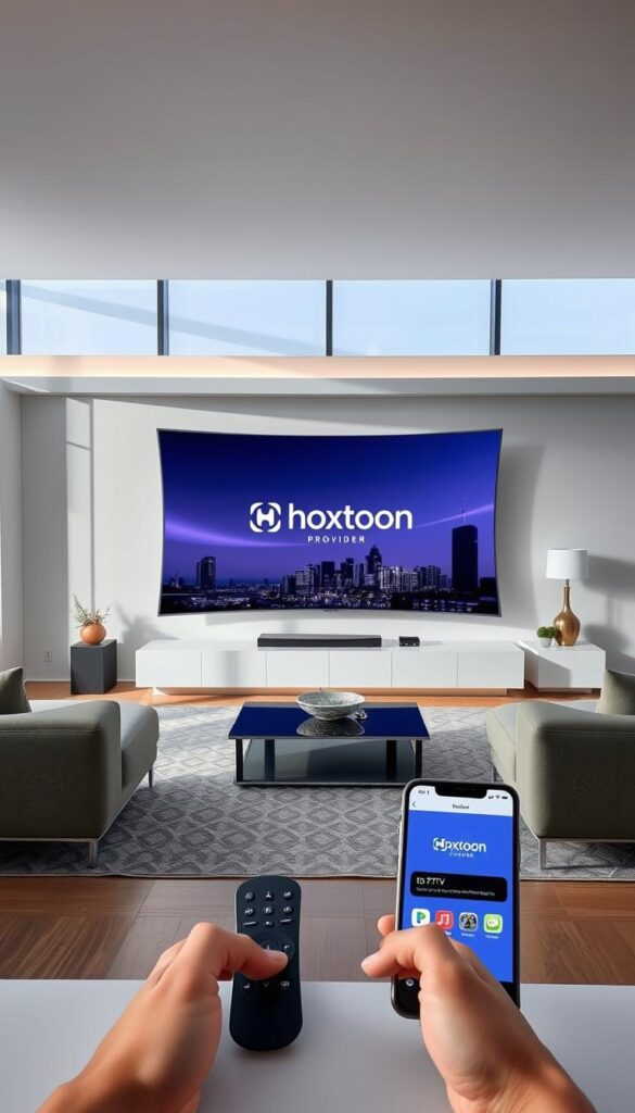 A sleek, modern living room with a large, curved OLED TV taking center stage. The screen displays the Hoxtoon Provider logo, showcasing the latest IPTV service. Minimalist furniture, natural lighting, and clean lines create an elegant, high-tech atmosphere. In the foreground, a remote control and a smartphone with the Hoxtoon app open, hinting at the seamless integration of IPTV into everyday life. The background features a city skyline, suggesting the global reach and connectivity of the IPTV service. The overall scene conveys the revolutionary impact of IPTV on modern entertainment and the digital transformation of the home.