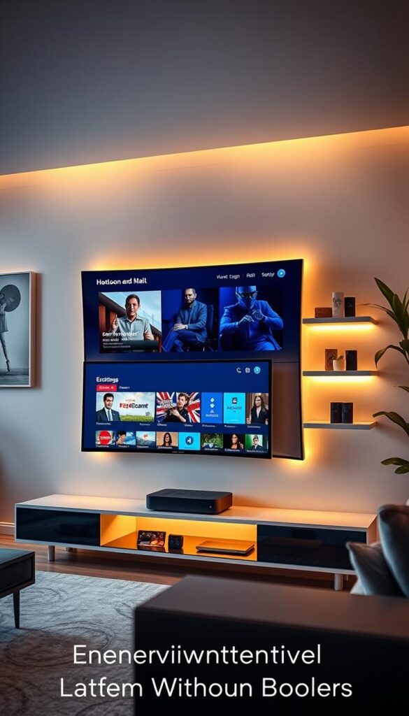 A sleek, modern living room with a large, curved smart TV displaying various international news and entertainment channels. The TV is flanked by stylish, minimalist shelves holding a Hoxtoon Provider set-top box and other media devices. Warm, diffused lighting illuminates the room, creating a cozy and inviting atmosphere. The walls feature abstract artwork and a potted plant, adding depth and a touch of nature. The scene conveys a sense of global connectivity and seamless access to diverse content, reflecting the "Entertainment Without Borders" theme.
